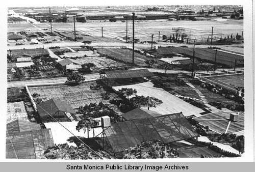 View of rooftops in camouflage neighborhood designed by landscape architect Edward Huntsman-Trout to cover the Douglas Aircraft Company Santa Monica plant and conceal the manufacture of military aircraft during World War II