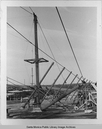 Detail of the tension compression structure which supported the camouflage designed by landscape architect Edward Huntsman-Trout to conceal the manufacture of military aircraft at the Douglas Aircraft Company Santa Monica plant during World War II