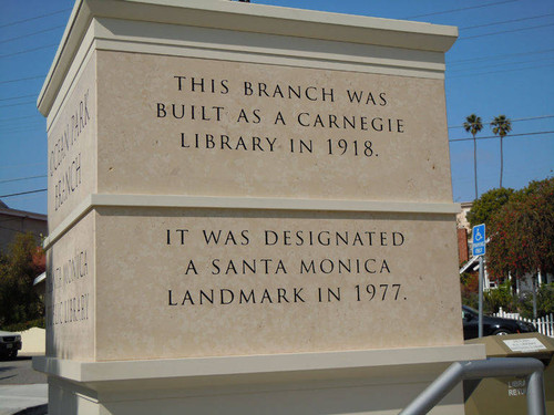 Ocean Park Branch Library four-sided pedestal signage by the Norman Place entrance, installed April 18, 2011