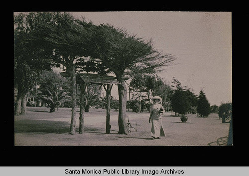 Palisades Park with woman strolling, Santa Monica, Calif
