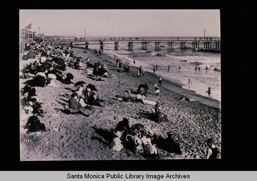 Summer beach scene north of the pier, Santa Monica, Calif