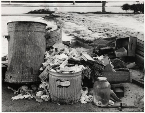 Pile of trash in a street corner, Santa Monica, Calif