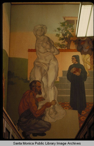 Stanton Macdonald Wright murals in the Santa Monica Public Library (503 Santa Monica Blvd.) installed August 25, 1935 : Michelangelo with his sculpture of a slave, Dante Aligheri, Mr. Harry H. Gorham, Robert P. Jones, the nephews of Santa Monica founder Senator John P. Jones