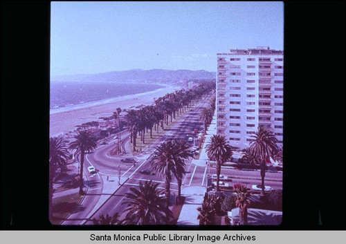 Aerial of Ocean Avenue looking north to Malibu, Calif