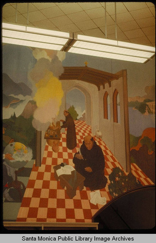 Stanton Macdonald Wright murals in the Santa Monica Public Library (503 Santa Monica Blvd.) installed August 25, 1935 : monk writing with feather pen, Copernicus panel