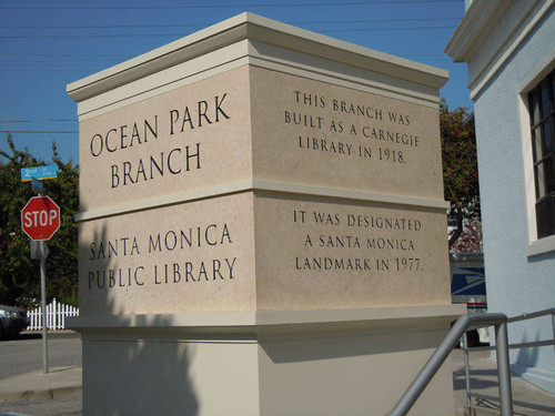 Ocean Park Branch Library four-sided pedestal signage by the Norman Place entrance, installed April 18, 2011