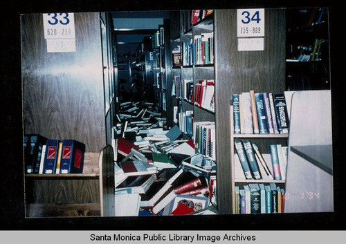 Northridge earthquake, Santa Monica Public Library, Main Library, first floor stacks, January 17, 1994