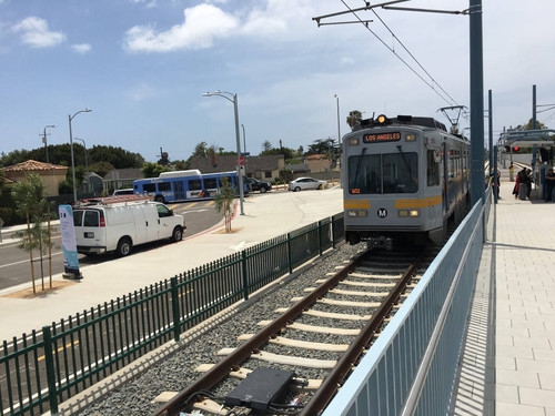 Eastbound train approaching Metro Line Westwood/Rancho Park station, May 20, 2016