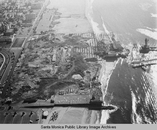 Aerial view of the remains of the Pacific Ocean Park Pier, Santa Monica looking southeast on December 16, 1974