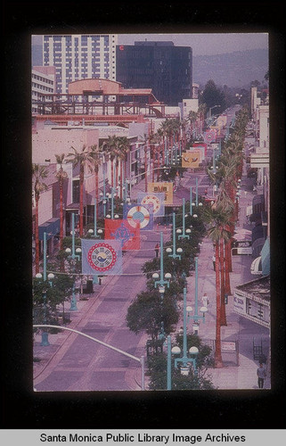 1990 SMARTS Festival presents "Eighteen Art Banners by Michael McCall" on the Third Street Promenade between Broadway and Wilshire, Santa Monica, Calif