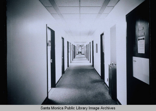 Interior second level corridor 2600 detail view, facing west, Rand Corporation Headquarters, 1700 Main Street, Santa Monica, Calif