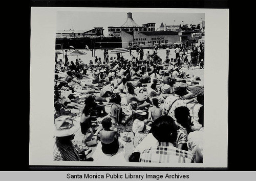 Muscle Beach Crowd and the Santa Monica Pier on July 4, 1956