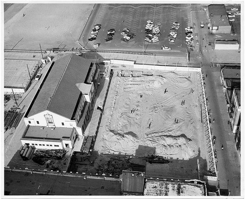 Aerial view of Pacific Ocean Park under construction, Santa Monica, Calif