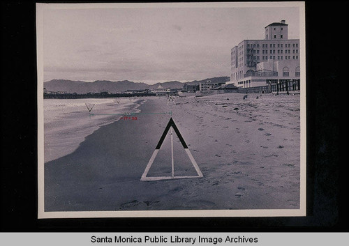 Tide studies (shoreward targets mark 1921 high tide line) from the Grand Hotel at right looking northwest to the Santa Monica Pier with tide 4.6 feet at 1:15 PM on October 13, 1938