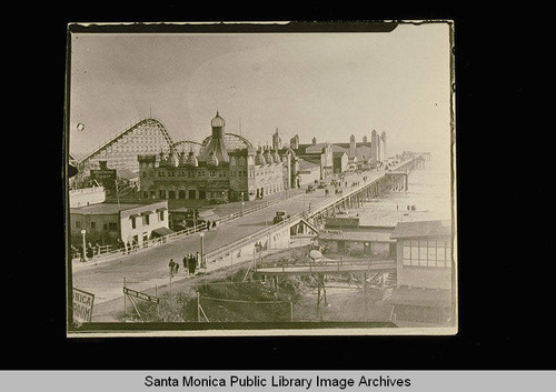 Santa Monica Pier: merry-go-round, La Monica Ballroom, and the Twin Racer roller coaster