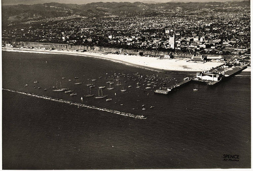 View of the Santa Monica Harbor, Pier and breakwater looking toward the City, September 3, 1936