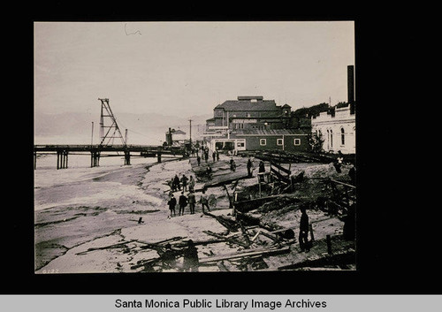 Santa Monica beach, pier and Edison plant after flood tide