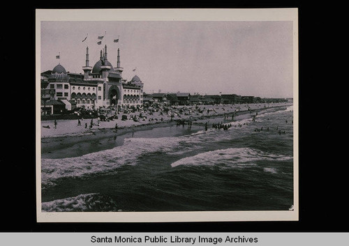 Beach south of Santa Monica and the Ocean Park Bathhouse built by A.R. Fraser in 1905