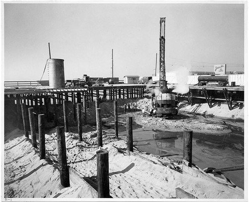 Construction site of Pacific Ocean Park's Sea Circus attraction, Santa Monica, Calif