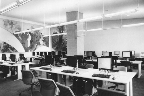 New Main Library Computer Commons showing the Stanton Macdonald-Wright mural installed