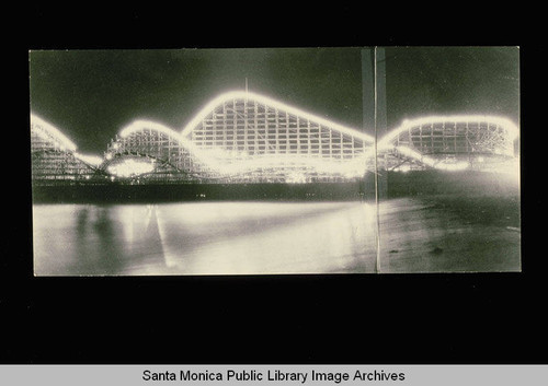 Night scene of the roller coaster on the Santa Monica Pier