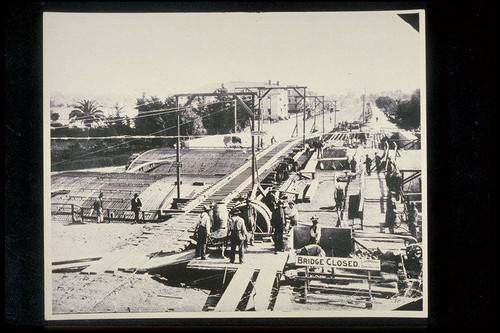 Construction of the Ocean Avenue bridge in 1902 (the bridge was demolished in 1934) Santa Monica, Calif