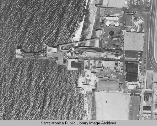 Aerial of Pacific Ocean Park Pier, Santa Monica, Calif