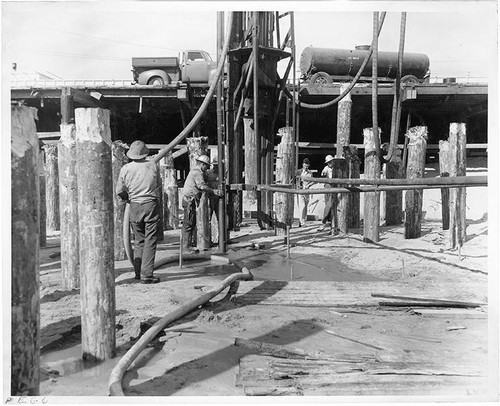 Workers at the construction site of Pacific Ocean Park, Santa Monica, Calif