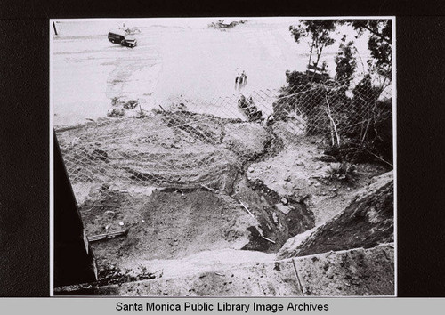 Looking down from the edge of the landslide, Palisades Park bluffs, Santa Monica, Calif., August 1956