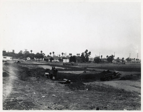 Construction of the Santa Monica Municipal Pool at the start of excavation with a view looking north, June 14, 1950