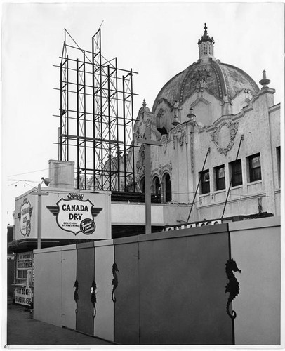 Scaffolding on top of the Dome Theatre during the construction of Pacific Ocean Park, Santa Monica, Calif