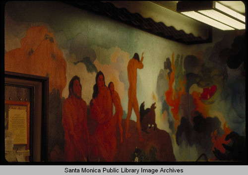 Stanton Macdonald Wright murals in the Santa Monica Public Library (503 Santa Monica Blvd.) installed August 25, 1935 : primitive man carving a reindeer horn, two wolf dogs bark at a monster in the sky