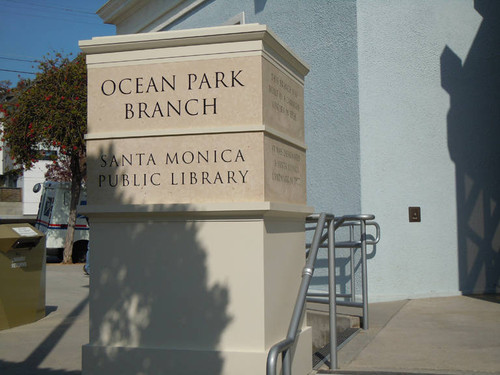 Ocean Park Branch Library four-sided pedestal signage by the Norman Place entrance, installed April 18, 2011