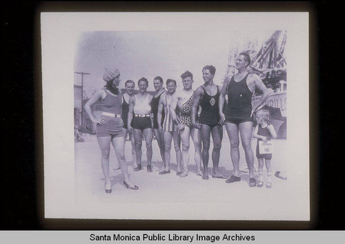 Men in a mock bathing beauty contest at the Ocean Park Pier, Calif