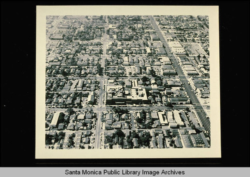 Aerial of Santa Monica Hospital and surrounding area looking west with Wilshire Blvd at right