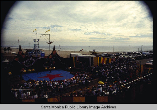 Trapeze artist in a circus on the Santa Monica Pier