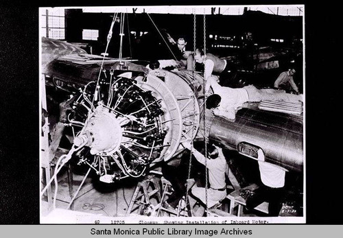 Close-up showing installation of an inboard motor on a Douglas DC-4, Santa Monica, Calif. on March 7, 1938