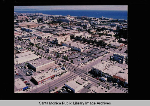 Aerial view looking southwest from the intersection of Broadway and Lincoln, Santa Monica, Calif