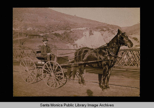 H. Greenawalt, realtor, with horse and buggy, Santa Monica, Calif