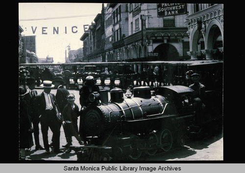 Venice Miniature Railway in front of the Pacific Southwest Bank on Windward Avenue, Venice, Calif