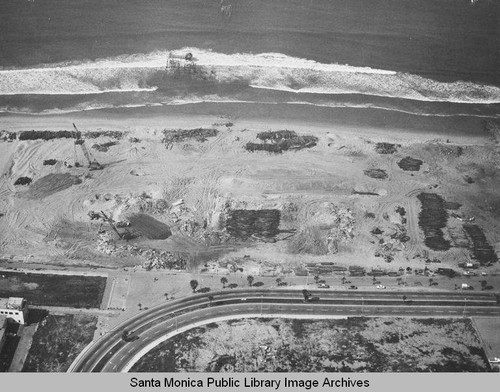 Looking west at the remains of the Pacific Ocean Park Pier from Nielson Way, April 3, 1975, 11:00 AM