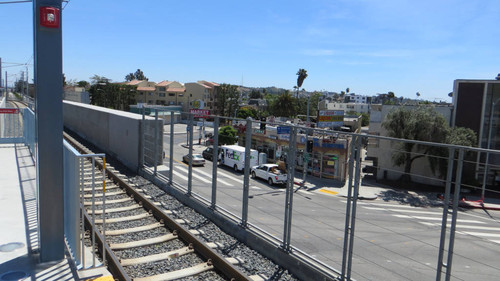 Intersection of National and Palms Boulevards from the platform at Expo Line Palms station, April 28, 2017