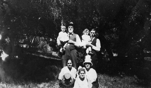 Geraldine Argyle, J. L. Argyle, Adelaide Freeman, Dwight C. Freeman (L to R standing back row) and John R. Argyle, Jeanette Freeman, Mrs. Jeanette C. Freeman (L to R sitting front row) in Topanga Canyon, Calif