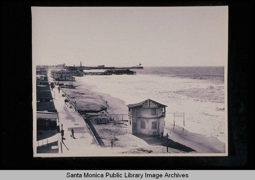 Santa Monica tide studies looking south to the Ocean Park Pier past the Pacific Bathhouse and Rendezvous Ballroom on the Crystal Pier with tide 4.7 feet on March 4, 1938 at 9:40 AM