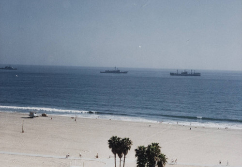 Ships in the Santa Monica Bay during the reenactment of D-Day landing, Santa Monica, Calif