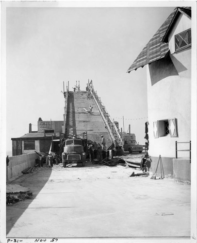 Looking from the bottom of a ramp at the construction site of Pacific Ocean Park, November, 1957