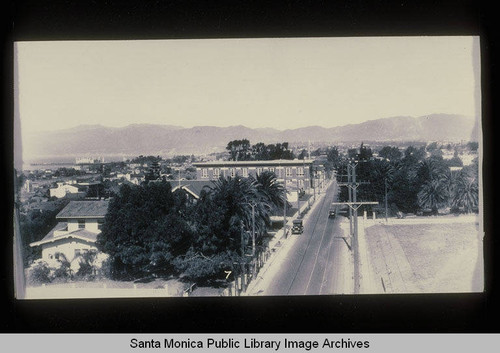 Panorama of Ocean Park looking north to the La Monica Ballroom and the Santa Monica Mountains