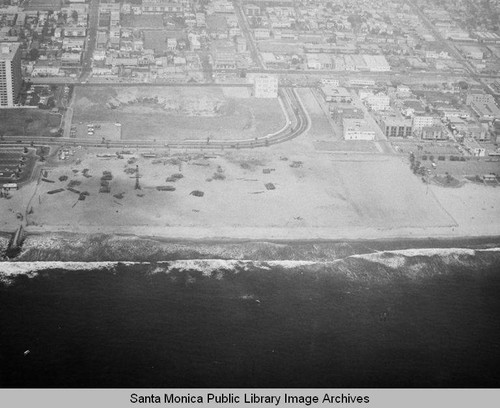 View of the remains of the Pacific Ocean Park Pier, looking east toward Ocean Park in the fog, July 16, 1975