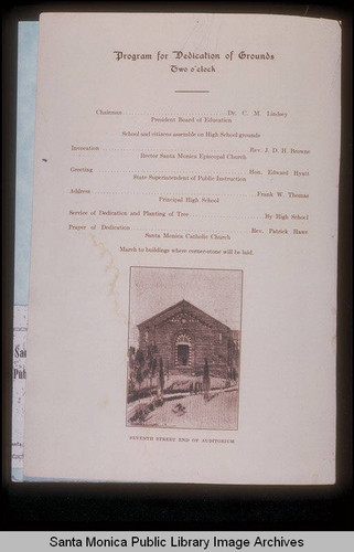Souvenire Program: laying of the cornerstone and dedication of the grounds for Santa Monica High School, April 11, 1912