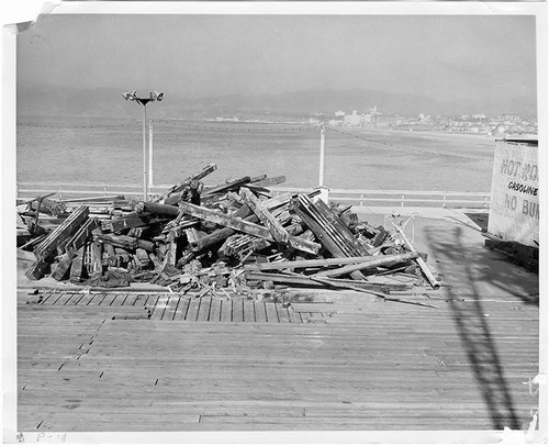 Discarded pilings at the construction site of Pacific Ocean Park, Santa Monica, Calif